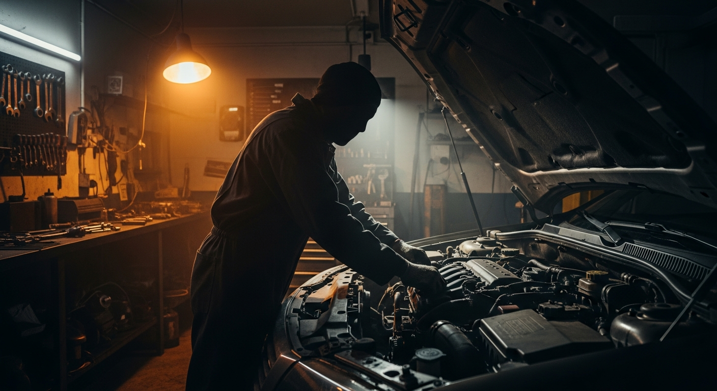 Mobile mechanic working under a hood at night, single amber work-light overhead, dark garage interior.